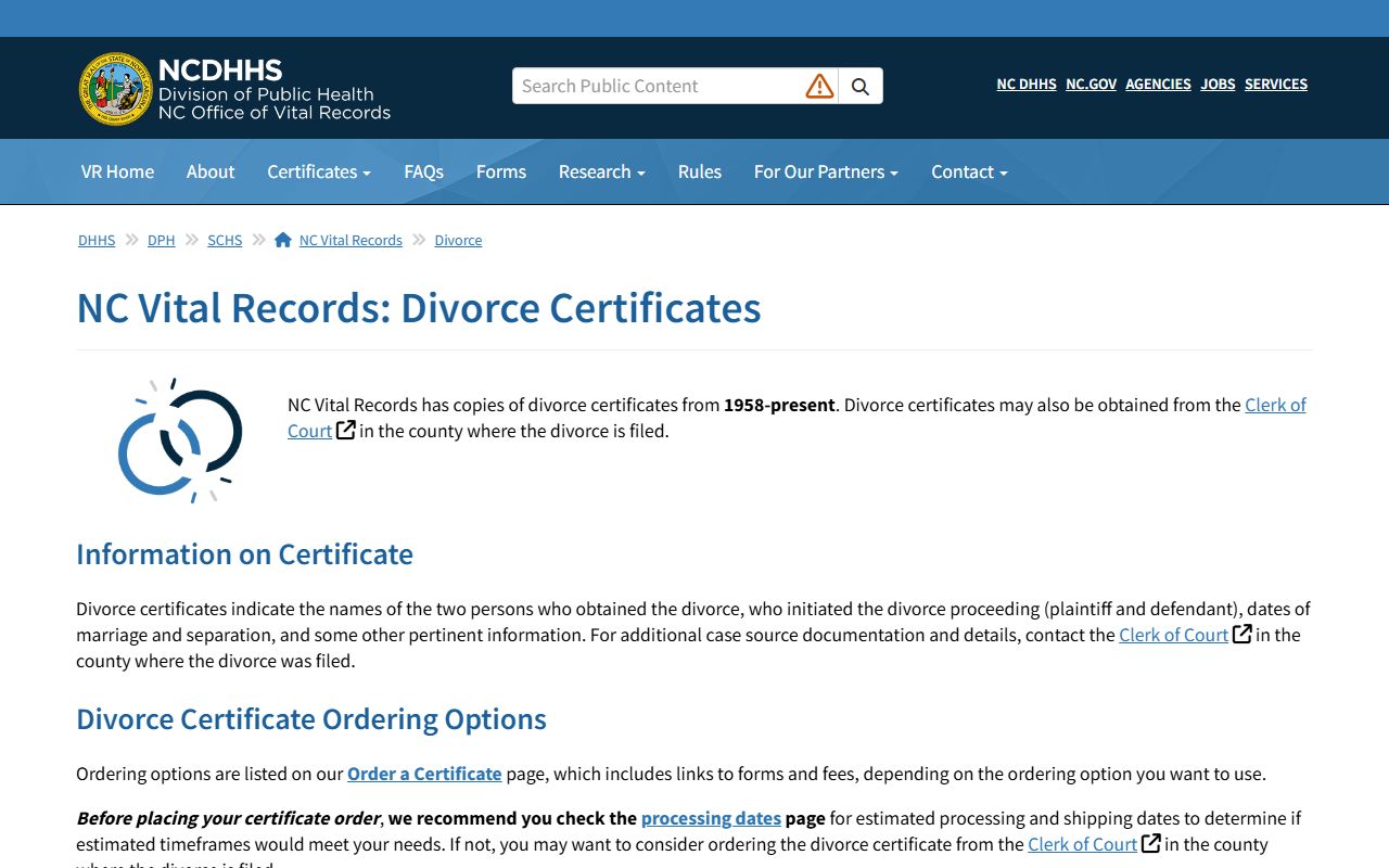 Cleveland County Clerk of Superior Court North Carolina divorce certificate information