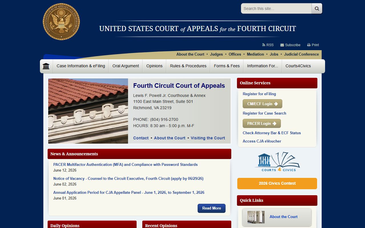 Cleveland County court dockets Fourth Circuit federal appeals