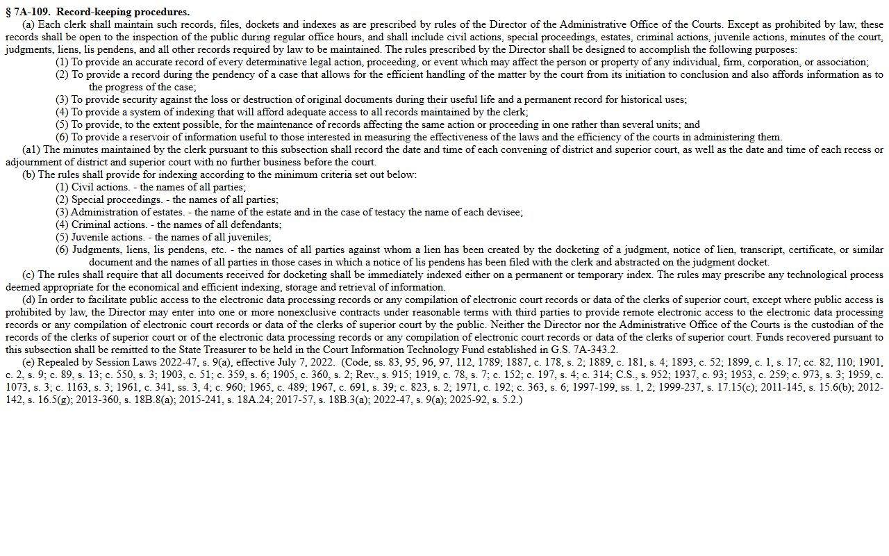 Cleveland County court records G.S. 7A-109 clerk inspection rule