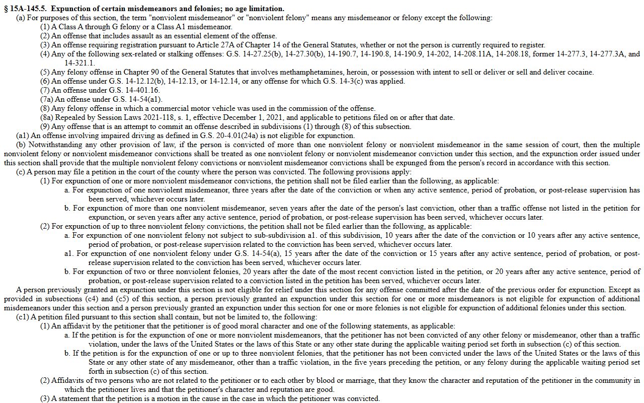 Cleveland County criminal court records G.S. 15A-145.5 expunction statute