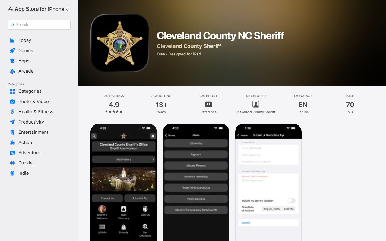 Cleveland County inmate search Apple Sheriff app