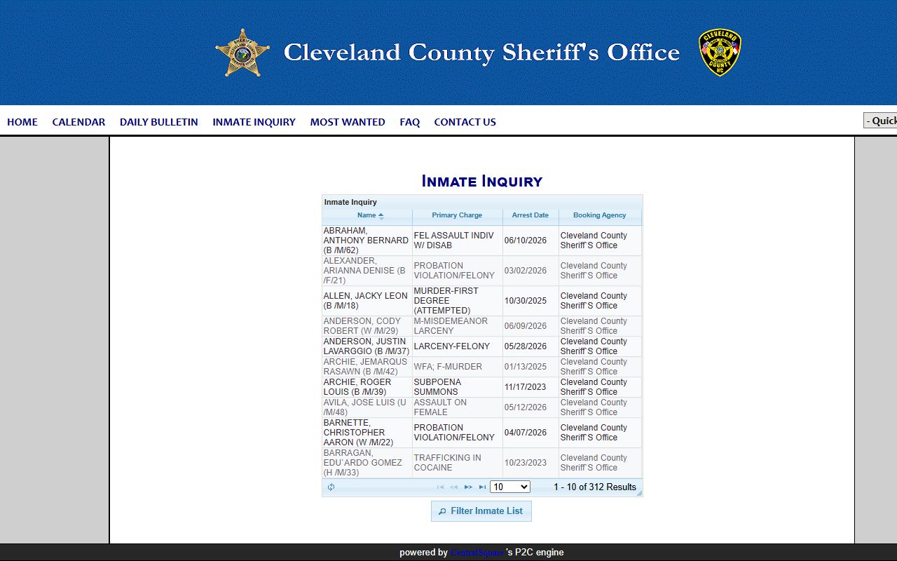 Cleveland County inmate search P2C jail roster fields