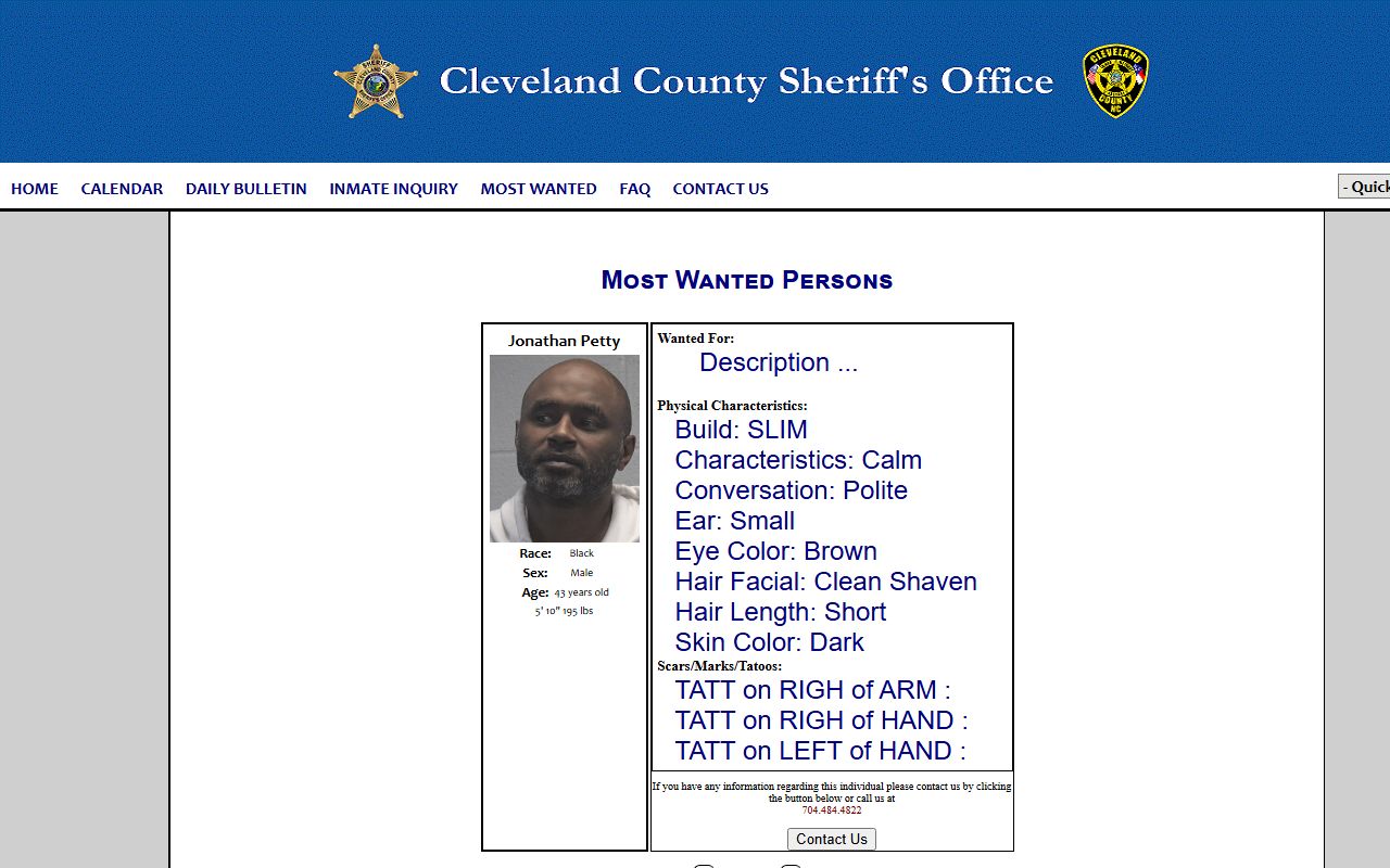 Cleveland County warrant search Sheriff Most Wanted records